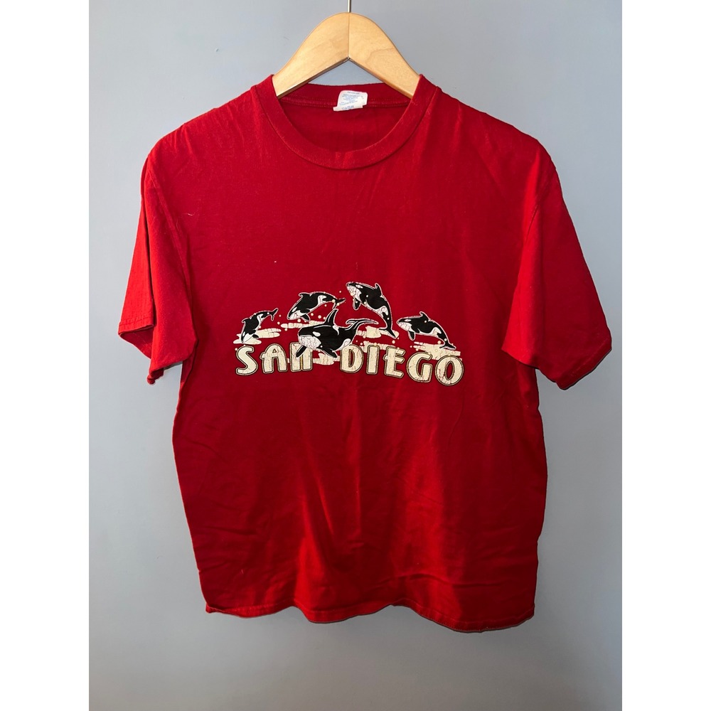 San Diego Orca Killer Whale Graphic T-Shirt Red Short Sleeve Mens Medium